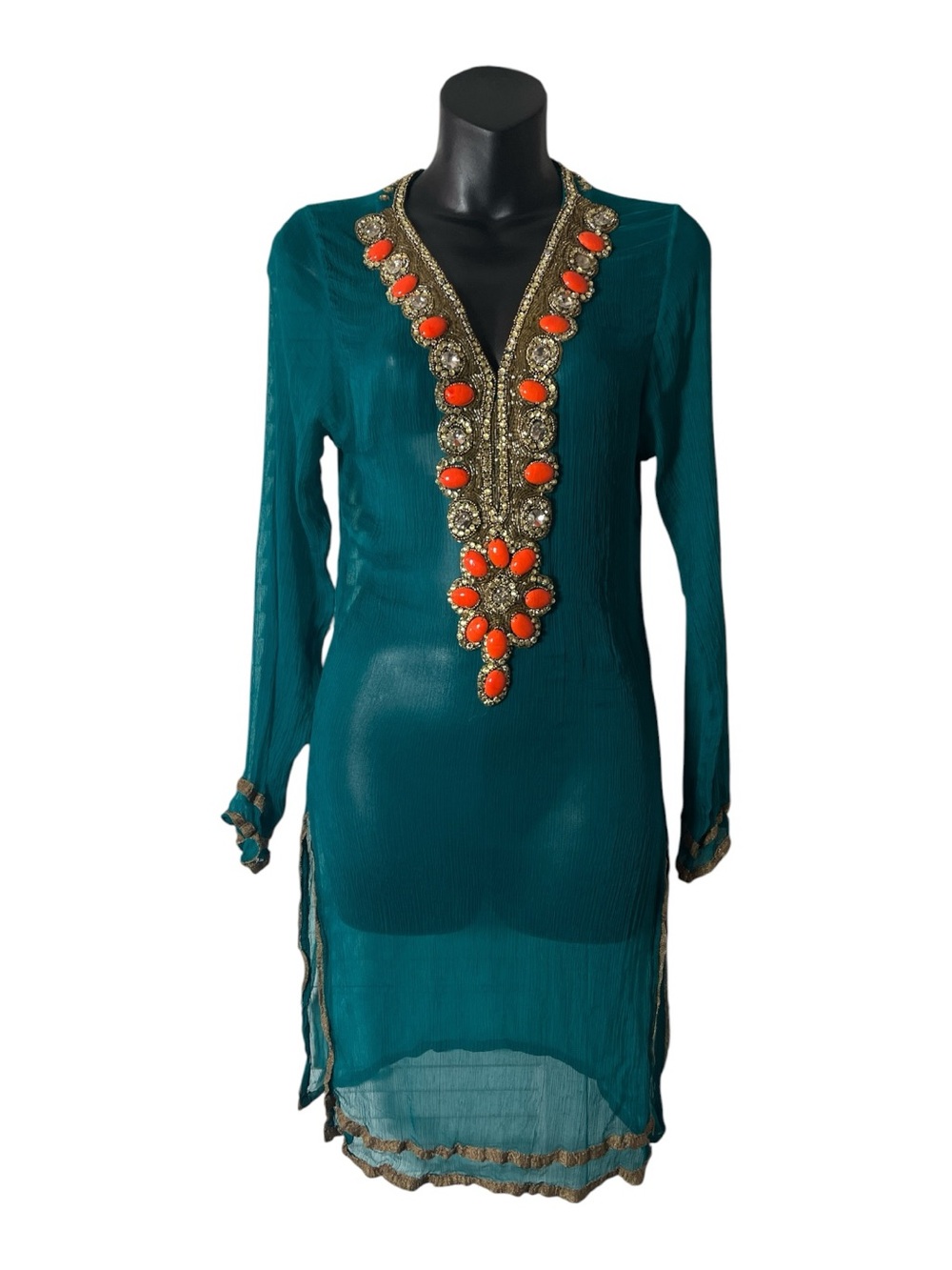Marena Y Sol Teal Beaded V-Neck Swim Coverup/kaftan Tunic w/ Orange Accents szS